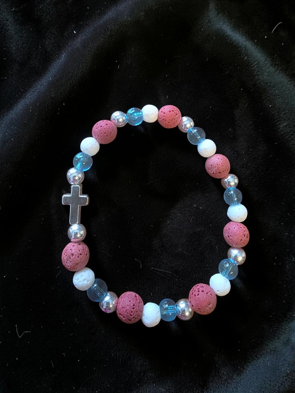 Handmade Red White Blue Lava Stone Cross Bead Bracelet